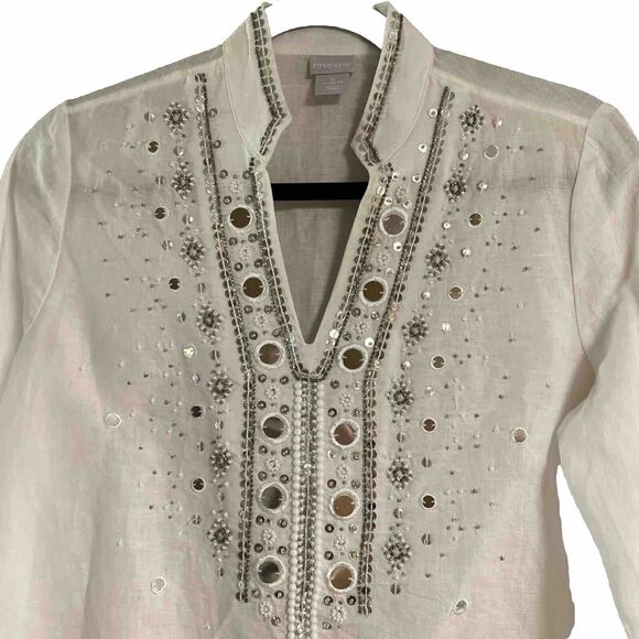 CHICO'S SZ 0 WHITE & Silver EMBELLISHED TUNIC TOP SEQUIN BEADED Linen Blend - Picture 2 of 6